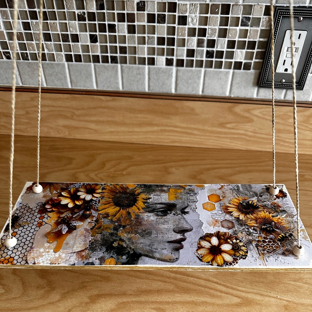 Hand Crafted Sunflower hanging floating wall shelf